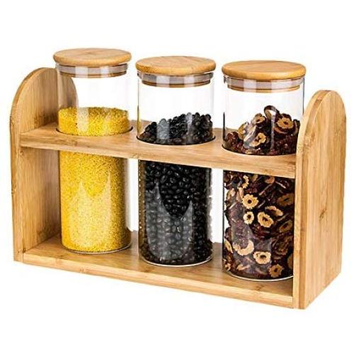 Assiduousic Glass Food Storage Canisters Lead-free Non-toxic Moisture-proof Perspective Glass Jars With Sealing Bamboo Cover For Biscuits Candies Spices Cereals