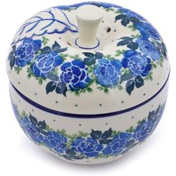 Polish Pottery 4?-inch Apple Shaped Jar made by Ceramika Artystyczna (Blue Garland Theme) + Certificate of Authenticity