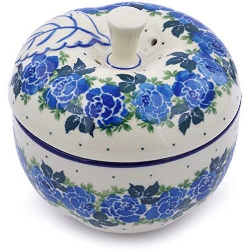 Polish Pottery 4?-inch Apple Shaped Jar made by Ceramika Artystyczna (Blue Garland Theme) + Certificate of Authenticity