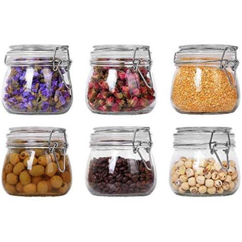 ComSaf Airtight Glass Canister Set of 6 with Lids 17oz Food Storage Jar Round - Storage Container with Clear Preserving Seal Wire Clip Fastening for Kitchen Canning Cereal,Pasta,Sugar,Beans,Spice