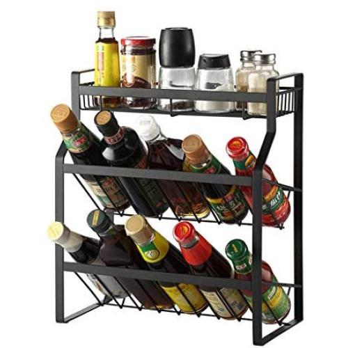 Stainless Steel Freestanding Spice Rack Organizer, Jar Cans Bottles Storage Shelf Holder for Home Bathroom, Kitchen Countertop Shelf (Color : Black, Size : 35 x 18 x 40 cm)