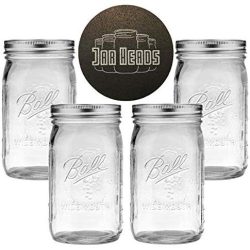 Ball Mason Jars Wide Mouth 32 oz Bundle with Non Slip Jar Opener- Set of 4 Quart Size Mason Jars - Canning Glass Jars with Lids