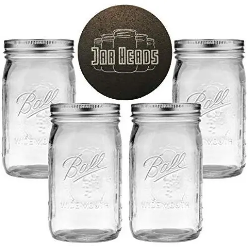 Ball Mason Jars Wide Mouth 32 oz Bundle with Non Slip Jar Opener- Set of 4 Quart Size Mason Jars - Canning Glass Jars with Lids Ball Mason Jars Wide Mouth 32 oz Bundle with Non Slip Jar Opener- Set of 4 Quart Size Mason Jars - Canning Glass Jars with Lids