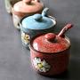 Japanese Retro Flower Pattern Sugar Bowl Sugar Dispenser Salt Pepper Storage Jar Pot Container Seasoning Pot Holder with Lid and Spoon for Home Kitchen,5.4 Oz, Green