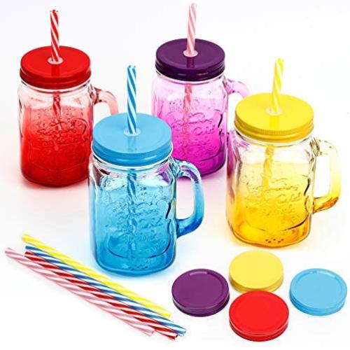 Mason Jar with Handle, Set of 4 Color Mason Drinking Mug with Lids & Straws, 16 oz Regular Mouth Glass Jars with 4 Straw Hole Lids/4 Extra Sealing Lid/ 8 Plastic Straw/ Dishwasher Safe,