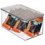 mDesign Plastic Stackable Kitchen Pantry Cabinet, Refrigerator, Freezer Food Storage Bin Box with Handles, Lid - Organizer for Fruit, Yogurt, Snacks, Pasta - 10&quot Long, 6 Pack - Clear/Smoke Gray