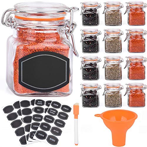 Spice Jars - 12 Airtight Flip Top Bottles with 40 Labels & Chalkboard Pen - Complete Set of 3.4 Ounce Square Empty Spice Bottles with Funnel | Kitchen Spice Organizer Clear Glass Jars