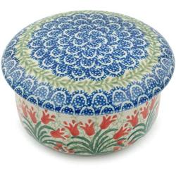 Polish Pottery Jar with Lid 5-inch Sprouting Tulips made by Ceramika Artystyczna