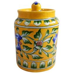 Handmade Ceramic Jar Container 250 ml Ceramic Achar Barni Blue Pottery Art Yellow Color Decorative Ceramic Kitchen Storage Container with Lid Use for Storage Nuts/Snacks/Spices/Pickles/Dessert