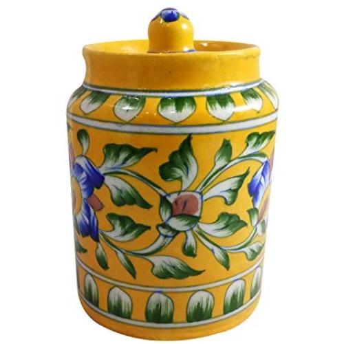 Handgemachte Keramik-Glasurbehälter 500 ml, blaue Keramik-Kunst, gelbe Farbe, dekorative Keramik-Küchenbehälter mit Deckel, ideal zum Aufbewahren von Nüssen/Snacks/Gewürzen/Eingemacht/Desserts