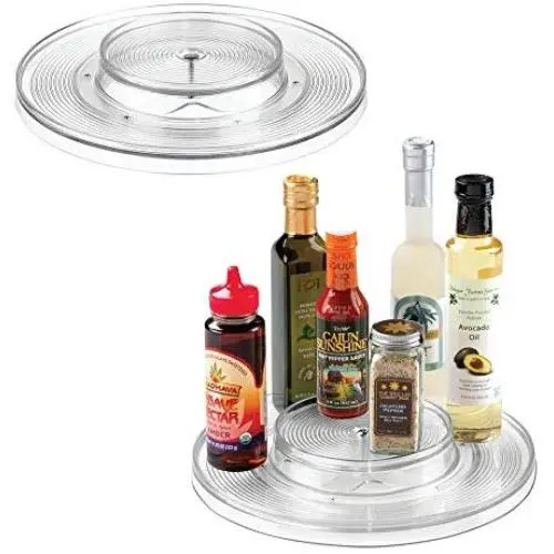 mDesign Plastic Spinning 2 Tier Lazy Susan Turntable Food Storage Bin - Rotating Organizer for Kitchen Pantry, Cabinet, Refrigerator or Freezer - 11" Round, 2 Pack - Clear