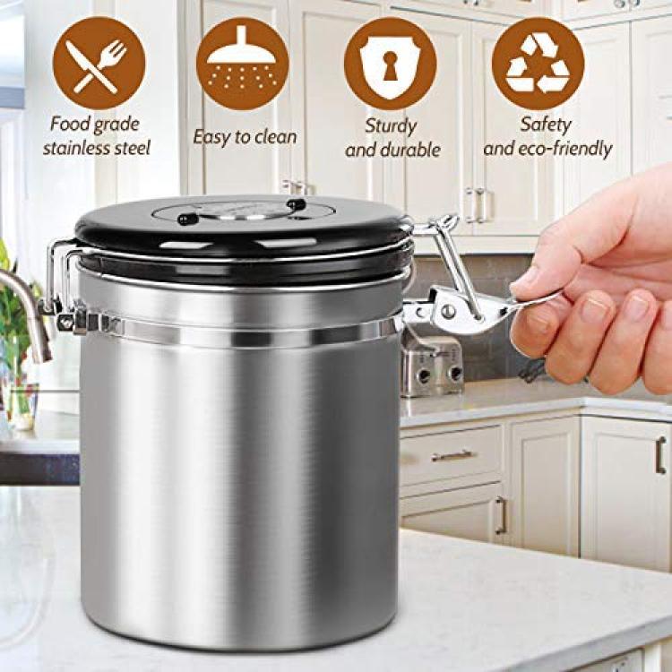  HOKEKM Airtight Coffee Canister, Stainless Steel Container for  The Kitchen, Coffee Ground Vault Jar with One Way Co2 Valve and Scoop, Tea  Coffee Sugar，Extra Coffee Spoon (Silver, 16OZ) : Home 