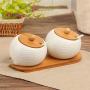Ceramic cruet seasoning jar salt bowl sugar bowl kitchen household ceramic seasoning jar glass lid storage tank wooden tray,3pcs-P