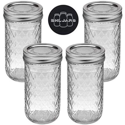 Ball Quilted Kristall Glasbehälter Regular Mouth 12 oz Set mit Nicht-Rutsch-Deckelöffner - Set von 4 Behälter - Sterilisations- und Glasbehälter mit Deckeln und Bändern