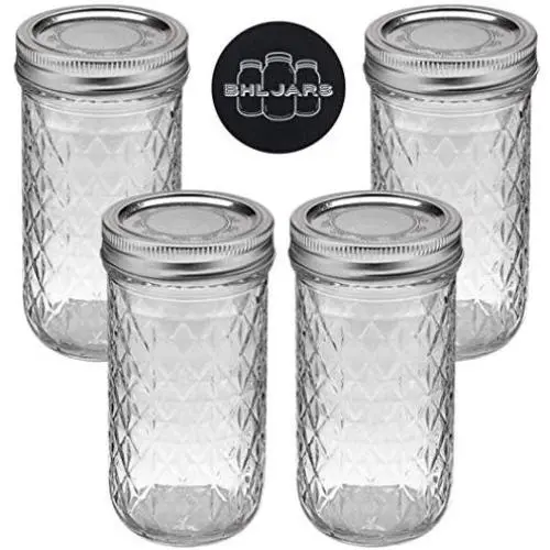 Ball Quilted Crystal Mason Jars Regular Mouth 12 oz Bundle with Non Slip Jar Opener- Set of 4 Mason Jars - Canning Glass Jars with Lids and Bands