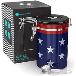 Coffee Gator Stainless Steel Container - Fresher Beans and Grounds for Longer - Canister with Date Tracker, CO2-Release Valve and Measuring Scoop - Large - USA Stars and Stripes Edition