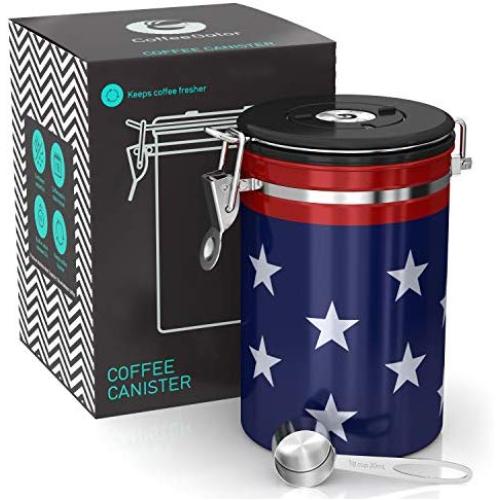 Coffee Gator Stainless Steel Container - Fresher Beans and Grounds for Longer - Canister with Date Tracker, CO2-Release Valve and Measuring Scoop - Large - USA Stars and Stripes Edition