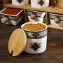 KJRJT Porcelain Ceramic Seasoning Box Set Include 3 Storage Container Condiment Jars with Lid and Spoon,3 Salt Pot Kitchen Supplies with Wooden Shelf