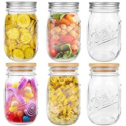 Mason Jar with Lids, 16 OZ Regular Food Storage Jar, Set of 6 Bamboo and Tinplate Mason Jar Lid for Store Tea, Coffee, Spice, Candy