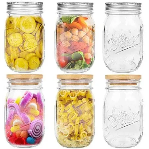 Mason Jar with Lids, 16 OZ Regular Food Storage Jar, Set of 6 Bamboo and Tinplate Mason Jar Lid for Store Tea, Coffee, Spice, Candy