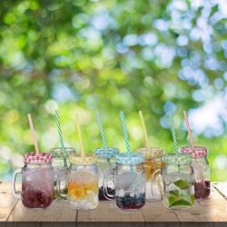 Relaxdays Drinking Mason Jam Jars with Straws and Handles, Set of 8, 400 ml, Colourful Iced Beverages Glass Set, Standard