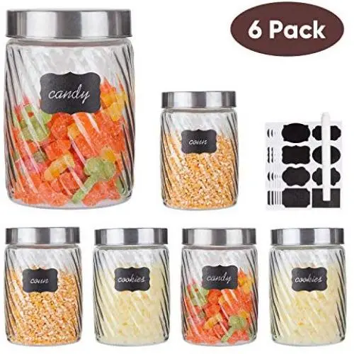 Glas Küchenvorratsbehälter Glaskaraffen mit Edelstahlverschlüssen und 8 Etiketten & 1 KreideMarker für die Küche, Set von 6, 27 oz (Diagonales Streifenmuster)