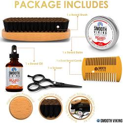 Smooth Viking- Beard Care Gift Set for Men - Natural Beard Brush and Comb, Quality Stainless Steel Trimming Scissors, Moisturizing Beard Oil and Taming Beard Balm