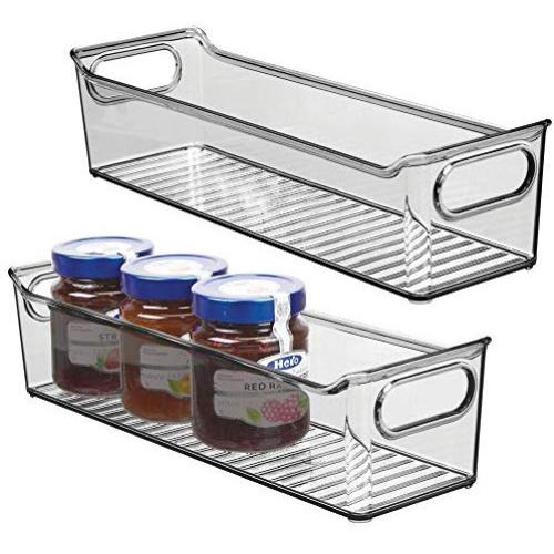 mDesign Slim Plastic Kitchen Pantry Cabinet, Refrigerator or Freezer Food Storage Bin with Handles - Organizer for Fruit, Yogurt, Snacks, Pasta - BPA Free, 14" Long, 2 Pack - Smoke Gray