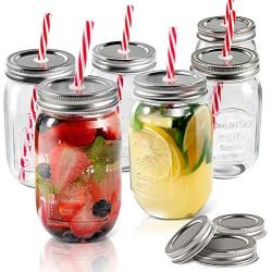 Mason Jars 6 PCS 16 oz Glass Jars with Lids & Straws Send 3 Non-Pores Covers Kitchen Glass Jars Mugs Masthome