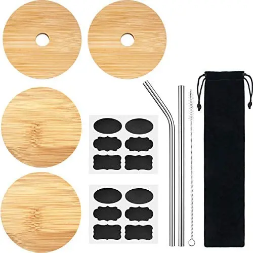 4er Set Weitmuндen Gläserverschlüsse, inkl. 2 Gläserverschlüsse mit Strohlöchern, 2 Bambusverschlüsse, Edelstahlstrohhalme, Reinigungsbürste, Beutel und Aufkleber für Trinkflaschen
