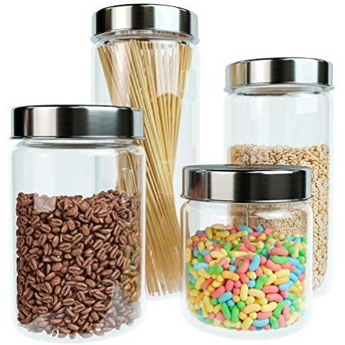 Home Intuition Round Glass Canister Set with Stainless Steel Lids, 4 Pieces
