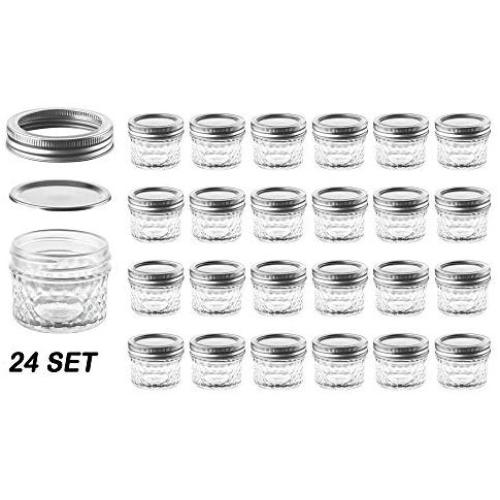 Nellam Quilted Glass Jars with Lids - 4 OZ Wide Mouth Crystal Jelly Glasses, Set of 24 Silver, for Canning, Preserving Food - each Mini Mason Jar is Freezer, Microwave, and Oven Proof