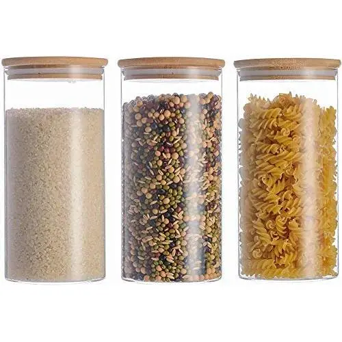 Bocal en verre 3X950ml avec couvercle en bambou pour stockage aliments, conserve, idéal pour pâtes, café, sachets de thé (Set de 3, 10x20cm) Bocal en verre 3X950ml avec couvercle en bambou pour stockage aliments, conserve, idéal pour pâtes, café, sachets de thé (Set de 3, 10x20cm)