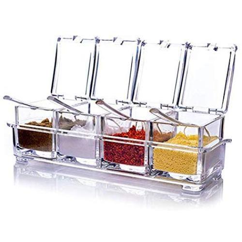 Clear Seasoning Rack Spice Pots, 4 Piece Acrylic Seasoning Box Storage Container Condiment Jars,Cruet with Cover and Spoon