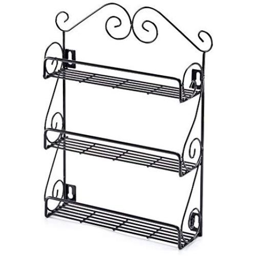 EZOWare 3-Tier Spice Rack Spice Jars Bottle Holder Storage Organizer Shelf for Kitchen Scroll Wall Mounted, Pantry, Cabinet, Counter top Free Standing Rack- Black