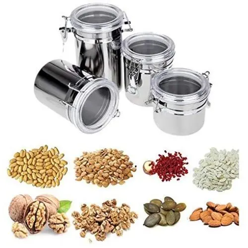 Stainless Steel Coffee Tea Candy Beans Milk Powder Food Sealed Cans Pots Storage Spice Jars with Transparent Covers 4pcs/pack Stainless Steel Coffee Tea Candy Beans Milk Powder Food Sealed Cans Pots Storage Spice Jars with Transparent Covers 4pcs/pack