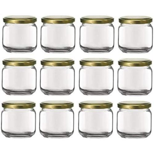 Nakpunar 12 pcs, 6.75 oz Square Glass Jars with Gold Lids - Rounded Edge - Made in Italy (Gold - 12 Jars)