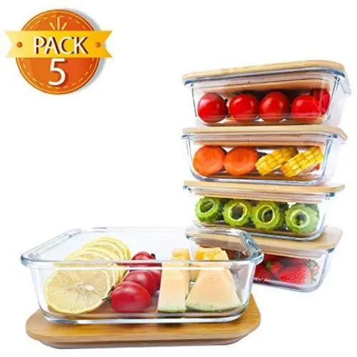Boîtes de conservation alimentaires BlueHills Premium en verre avec couvercles en bambou, sans plastique, BPA-free, micro-ondes, congélateur et lave-vaisselle, ensemble de 5 pièces (couvercle en bambou G004). Boîtes de conservation alimentaires BlueHills Premium en verre avec couvercles en bambou, sans plastique, BPA-free, micro-ondes, congélateur et lave-vaisselle, ensemble de 5 pièces (couvercle en bambou G004).