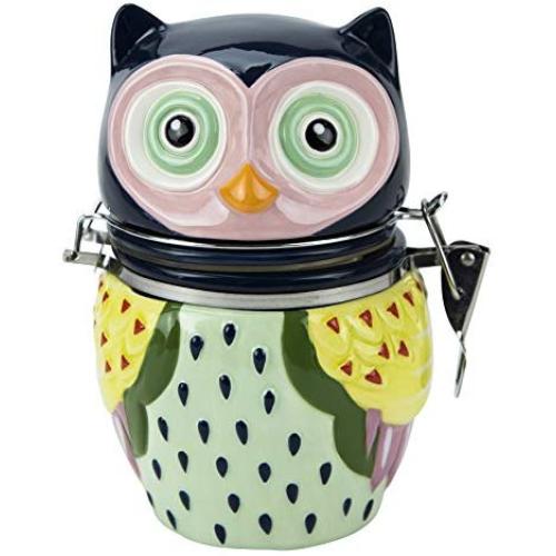 Hinged Jar, Artsy Owl Collection, Hand-painted Earthenware Storage Container by Boston Warehouse
