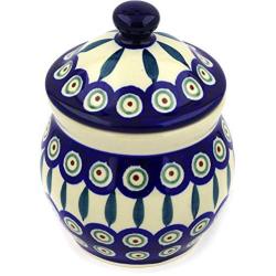 Polish Pottery 5?-inch Jar with Lid (Peacock Leaves Theme) + Certificate of Authenticity