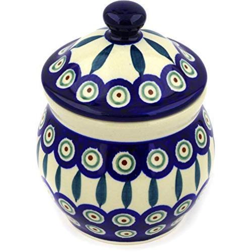 Polish Pottery 5?-inch Jar with Lid (Peacock Leaves Theme) + Certificate of Authenticity