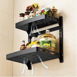 2 Tier Stainless Steel Kitchen Spice Rack Wall Mount, Kitchen Adjustable Shelf Removable Seasoning Organizer Jars Bottles Cans Storage Rack with 3 Hooks, Black