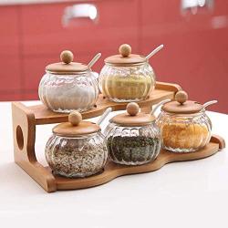 Kitchen seasoning box/Glass Condiment Storage Container with Tray Rack Salt jar Five-Piece Set