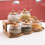 Kitchen seasoning box/Glass Condiment Storage Container with Tray Rack Salt jar Five-Piece Set