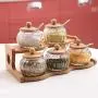 Kitchen seasoning box/Glass Condiment Storage Container with Tray Rack Salt jar Five-Piece Set