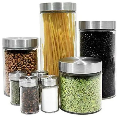 Home Décor Premium 8 Piece Glass Canisters and Spice Jar Set with Stainless Steel Screw On Lids Clear Storage