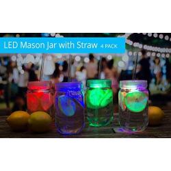 Windy City Novelties LED Light Up Mason Jars with Lids & Straws 20 oz - Set of 4