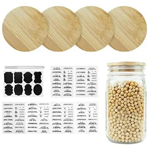 Glasen Jar-Deckel, 4er-Pack Bambus-Deckel für Weitmuндige Glasen Jar, Lagerungs-Glasen Jar-Deckel mit dekorativen Kreide-Schriftzug-Etiketten und Stift