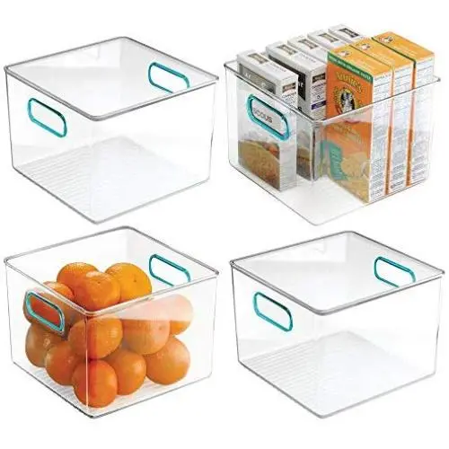 mDesign Kunststoff Lebensmittel-Aufbewahrungsbehälter mit Griffen für Küche, Speisekammer, Schrank, Kühlschrank/Gefrierschrank – Würbeschale für Snacks, Obst, Gemüse, Nudeln – BPA-frei, lebensmittelecht – 4er-Set, Klar/Blau