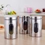 Set of 3 Storage Canister With Lid Stainless Steel Kitchen Container Storage Jar for Sugar,Biscuits,Tea,Coffee